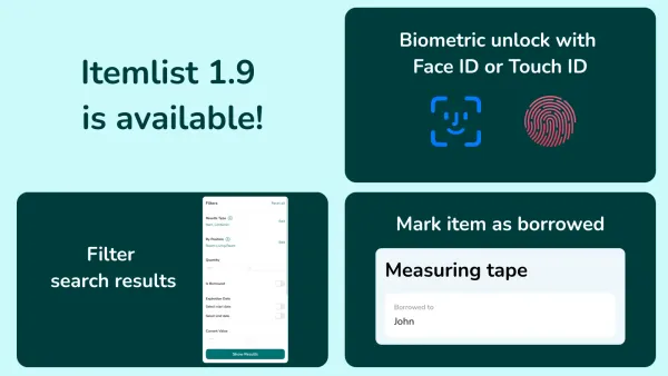 Biometric unlock, mark item as borrowed and filter search results [Itemlist App Update 1.9]